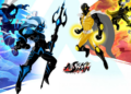 Nhân vật Stickman màu xanh và vàng đối đầu nhau trong game AI Stickman